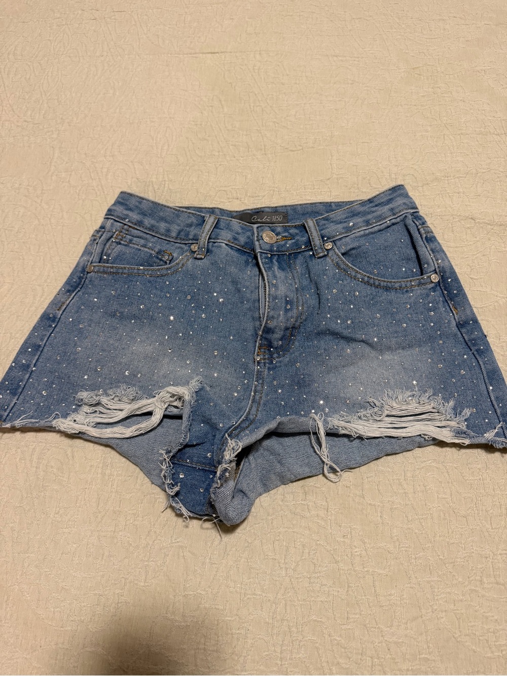 Embellished Distressed Blue Denim Shorts
